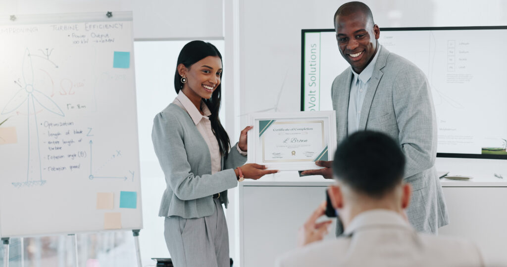 Business man and women in office presentation